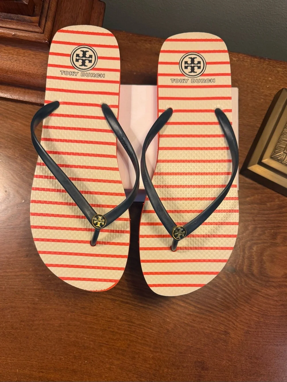 Tory Burch Cream Orange Striped Flip Flop Sandals with Navy Straps Size 11